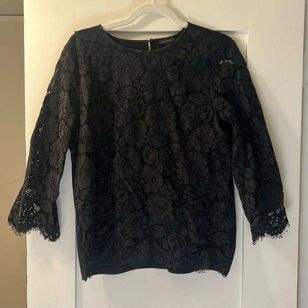 Ann Taylor Black Lace Blouse Medium 3/4 Sleeves